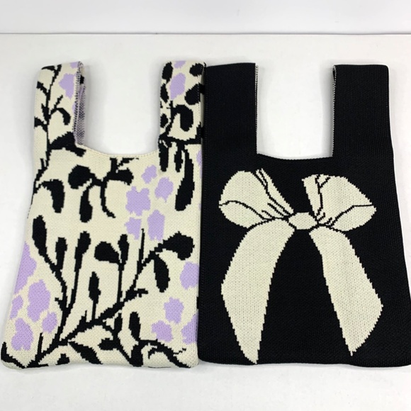 2 knit boho wrists purse totes, black white ribbon and lavender floral pattern - Picture 2 of 14